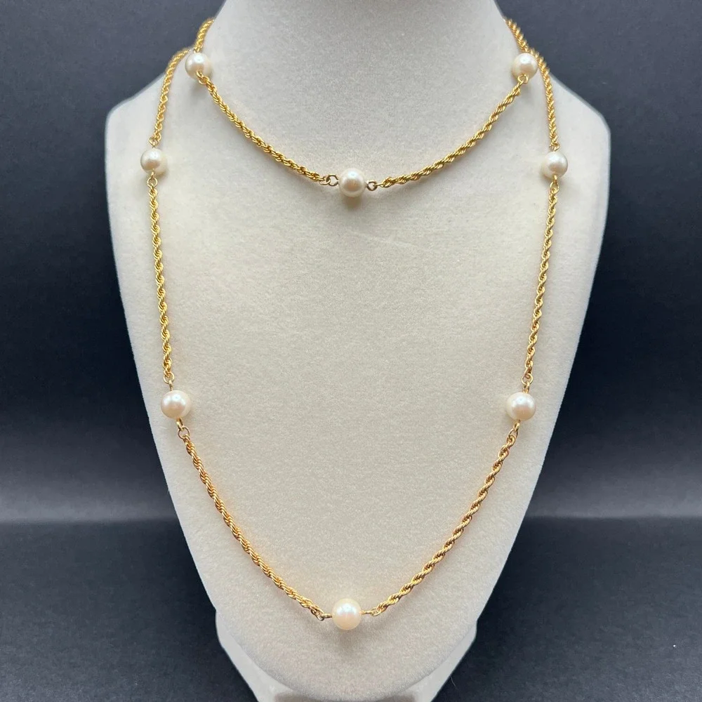 Vintage Station‎ Necklace Gold Tone Rope Chain Faux Pearl Classic Opera 34